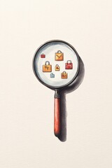 A magnifying glass reveals various colorful icons representing communication and security, symbolizing inquiry and discovery in a digital context.