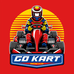 Kart sport racing, red color with a man driver emblem from front view logo cartoon illustration for poster, t-shirt print, business element, social media content, blog, sticker, vlog, and card