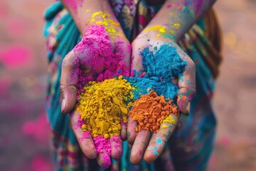 Joyful holi festival close-up of colorful hands holding pink and yellow powders, capturing the vibrancy, tradition, and cultural importance of indias iconic celebration of happiness and unity