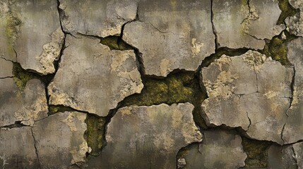 Weathered concrete wall with deep cracks and moss