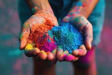 Joyful holi festival close-up of colorful hands holding pink and yellow powders, capturing the vibrancy, tradition, and cultural importance of indias iconic celebration of happiness and unity