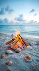 Beach bonfire with shells, sandy shore, tranquil ocean background at sunset