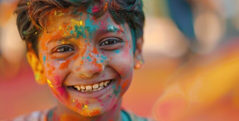 Wide Action shot of Indian kid with Holi colors on his face, Holi celebrations