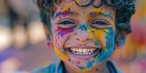 Wide Action shot of Indian kid with Holi colors on his face, Holi celebrations