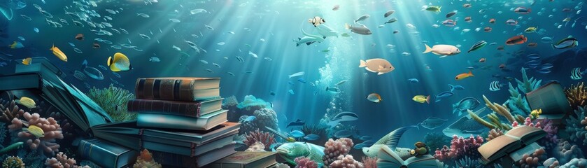 An underwater scene featuring books surrounded by colorful fish and coral, illuminated by rays of sunlight.