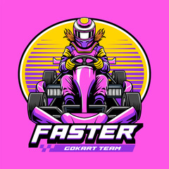 Kart sport racing, pink color with a woman driver emblem logo cartoon illustration for poster, t-shirt print, business element, social media content, blog, sticker, vlog, and card