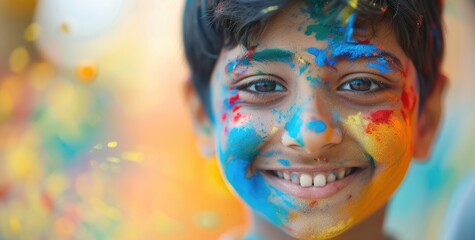 Wide Action shot of Indian kid with Holi colors on his face, Holi celebrations