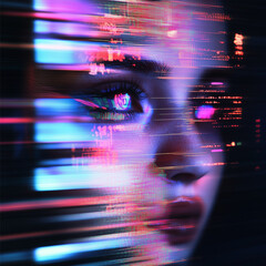 Glowing glitch photo effect on a digital display with a distorted neon pattern on the screen