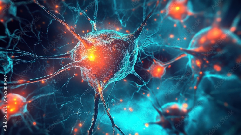Poster this image showcases a detailed view of neurons exhibiting bright connections and signals, emphasizi