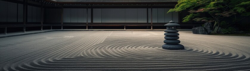 Naklejka premium A serene Japanese rock garden featuring meticulously raked sand patterns and a stacked stone arrangement, surrounded by lush greenery.