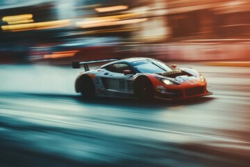 A sleek race car blurs past on a wet track during a stunning sunset. The dynamic motion captures the essence of speed and competition in motorsport.