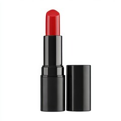 Obraz premium Close up of a red lipstick with black tube and the cap next to the lipstick on white background