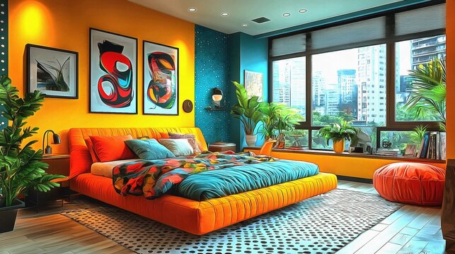 Create a pop art style bedroom with bright primary colors oversized polka dots and graphic wall art blending whimsy and creativity interior