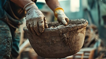 Construction Worker Mixing Cement in a Bowl