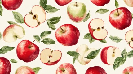 Fresh apples, slices, and leaves pattern