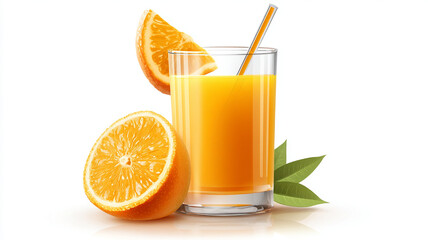 Fototapeta premium Fresh orange juice in glass with sliced orange and green leaves on white background