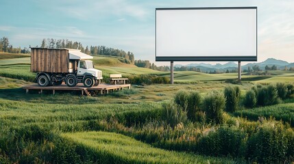 Scenic view Truck & billboard in green field with mountains