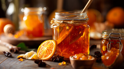 Jar of orange marmalade with rustic wooden spoon, surrounded by fresh oranges and spices