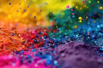 Holi background. Abstract colorful gulal powder and dust rainbow pigment particles explosion. Festive Indian happy holidays greeting card, invitation or banner backdrop. Hindu festival of colours 8k
