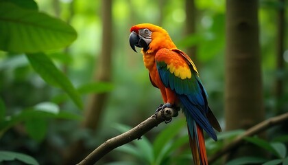 Obraz premium Macaw sitting on a tree in the jungle, wild parrot in the forest created with generative ai