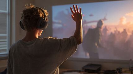 Person using projector screen for gaming or watching movie with headphones at home for entertainment