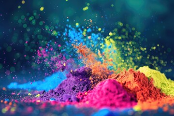 Holi background. Abstract colorful gulal powder and dust rainbow pigment particles explosion. Festive Indian happy holidays greeting card, invitation or banner backdrop. Hindu festival of colours 8k