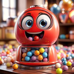 A cheerful, cartoon gumball machine with bright eyes and a wide smile, surrounded by colorful gumballs