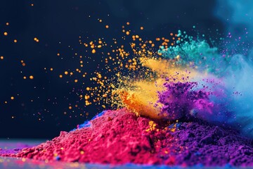 Holi background. Abstract colorful gulal powder and dust rainbow pigment particles explosion. Festive Indian happy holidays greeting card, invitation or banner backdrop. Hindu festival of colours 8k