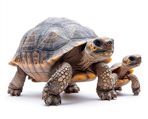Fototapeta premium Two turtles walking side by side on a white background, showcasing their unique textures