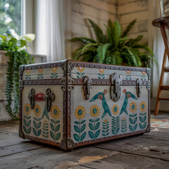 Hand-Painted Wooden Box with Floral and Bird Motif