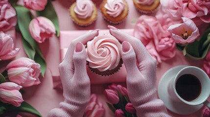 Pink cupcake in hand, surrounded by flowers. Delicate
