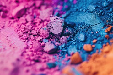 Holi background. Abstract colorful gulal powder and dust rainbow pigment particles explosion. Festive Indian happy holidays greeting card, invitation or banner backdrop. Hindu festival of colours 8k