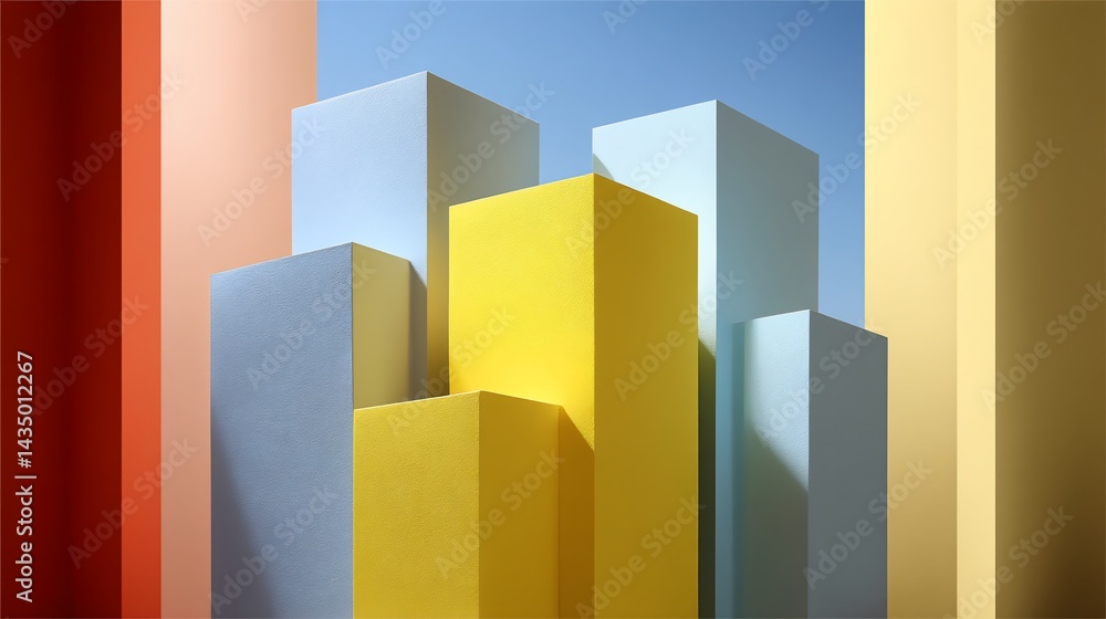 Poster colorful geometric blocks create an abstract architecture against a vibrant sky