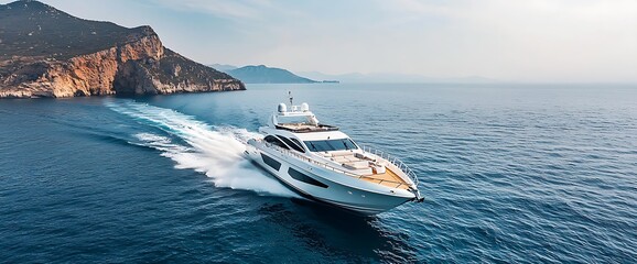Fototapeta premium Luxury yacht speeding through sea near a rocky coastline. Waves and wake trail behind