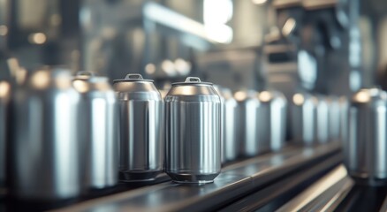 Close-up of golden canned goods on a conveyor belt.