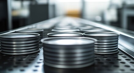 Close-up of golden canned goods on a conveyor belt.