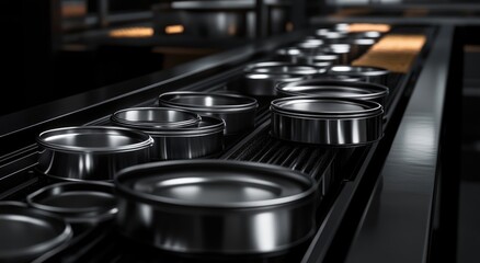 Close-up of golden canned goods on a conveyor belt.
