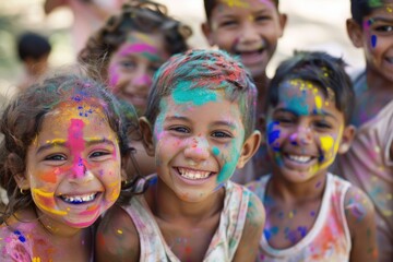 Colorful Holi celebration with joyful children covered in vibrant powders