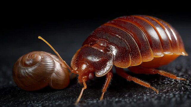 Detailed macro shot of a woodlouse bug next to a snail shell on a dark textured surface, highlighting textures and earthy tones.