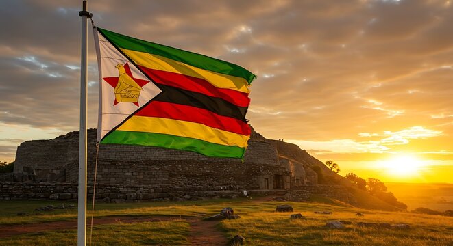 Zimbabwean flag waving, at Great Zimbabwe monument during golden sunset