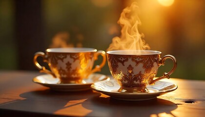 Golden Teacups with Steam in sunny warm evening created with generative ai.