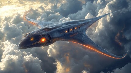 Obraz premium Airplane shaped like a serpent, with a long, coiling body and glowing eyes, gliding smoothly through the atmosphere 