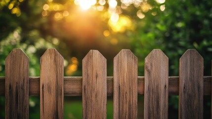 Fototapeta premium A rustic wooden fence captures the warm glow of sunset, surrounded by soft blurred greenery. The image evokes peace and tranquility in a natural setting.