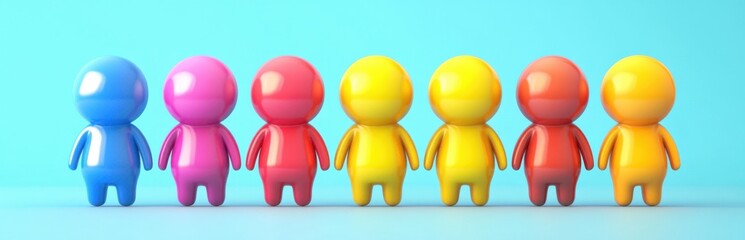 This vibrant image features colorful figurines arranged in a playful row against a bright backdrop. The design conveys fun, creativity, and unity.