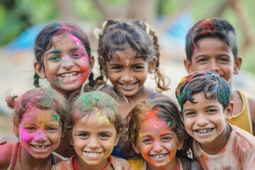 Colorful Holi celebration with joyful children covered in vibrant powders
