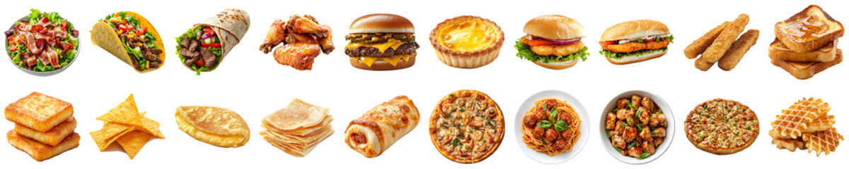 A Colorful Array of Diverse Comfort Foods Including Salads, Burgers, Tacos, Breads, Meats, and Pastries Perfect for Food Enthusiasts and Culinary Presentations. Piquant food set.