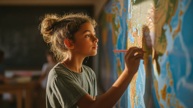Young student learning geography with world map in classroom education and school studying concept