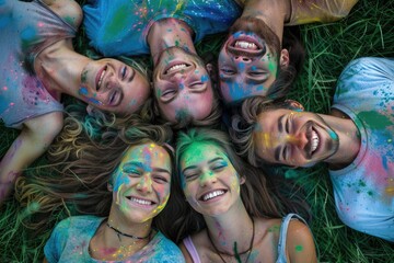 various ethnic groups Covered with Holi powder lying on the grass laughing and looking up and posing for peace for the camera in the park at the Holi festival in summer.