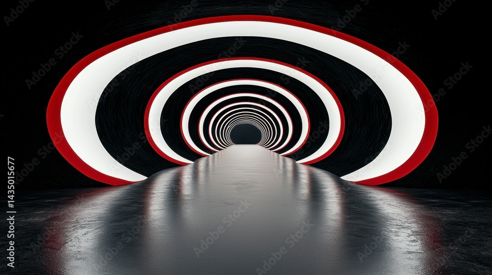 Poster abstract digital art depicting a futuristic tunnel with red and white pixelated circles. dark backgr