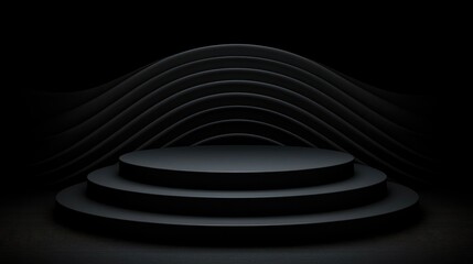 Obraz premium Dark, minimalist, three-tiered podium with flowing abstract backdrop. A sleek, empty platform perfect for showcasing products in a sophisticated, modern, and elegant way